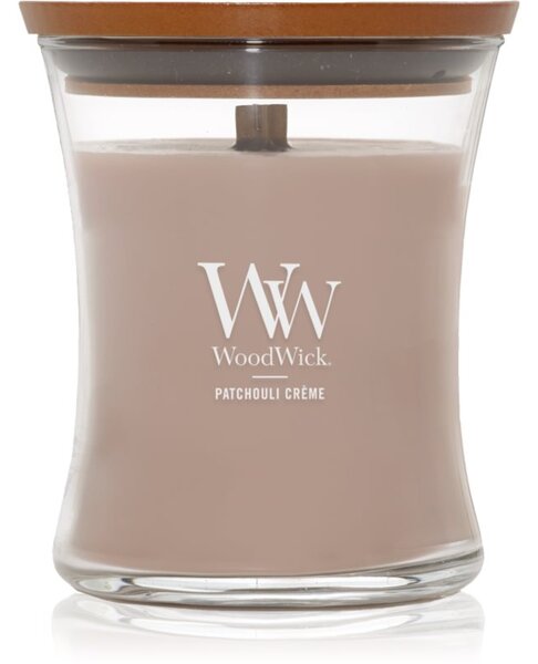 Woodwick Opulent Wood Patchouli Creme mirisna svijeća s drvenim fitiljem 275 g
