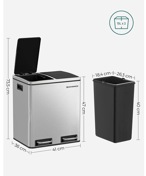 Kanta za selektivni otpad od 30 L, 2 kuhinjske kante od 15 litara | SONGMICS