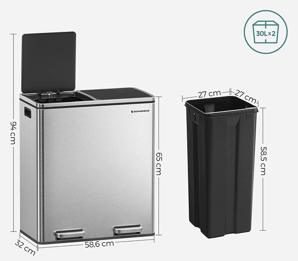 Selektivni sakupljač otpada, s 2 plastične unutarnje posude, 2 x 30 L | SONGMICS