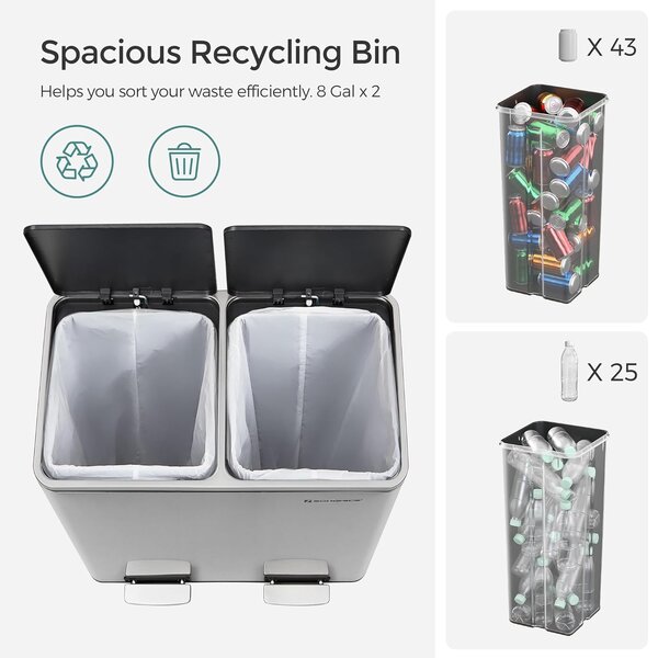 Selektivni sakupljač otpada, s 2 plastične unutarnje posude, 2 x 30 L | SONGMICS