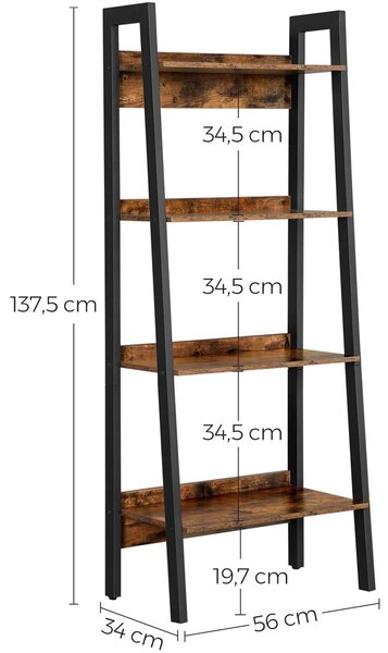 Polica za knjige na 4 razine, 56 x 34 x 137,5 cm, rustikalno smeđe i crne boje | VASAGLE