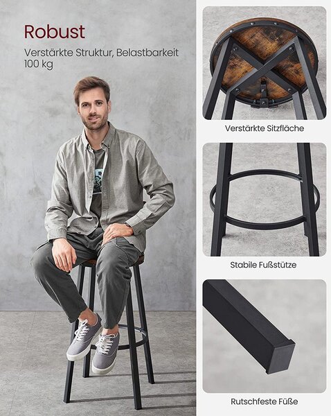 Set od 2 barske stolice s naslonom, 73,2 cm, rustikalno smeđe i crne boje