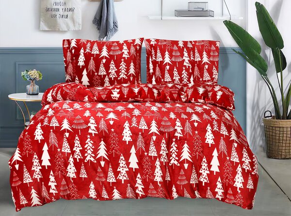 Set posteljine od mikropliša CHRISTMAS TREES crvena + plahta od mikropliša SOFT 180x200 cm bijela, bračni krevet