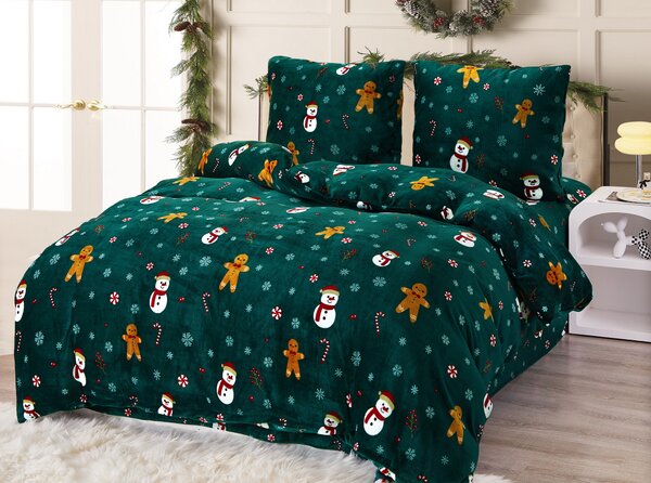 Set posteljine od mikropliša SNOWMAN AND GINGERBREAD zelena + plahta od mikropliša SOFT 180x200 cm bijela, bračni krevet