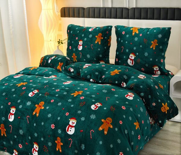 Set posteljine od mikropliša SNOWMAN AND GINGERBREAD zelena + plahta od mikropliša SOFT 180x200 cm bijela, bračni krevet