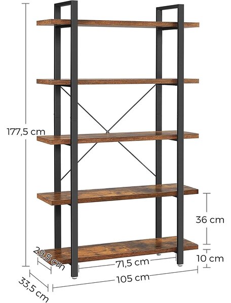 Polica za knjige, stabilni stalak za odlaganje na 5 razina 105 x 33,5 x 177,5 cm | VASAGLE