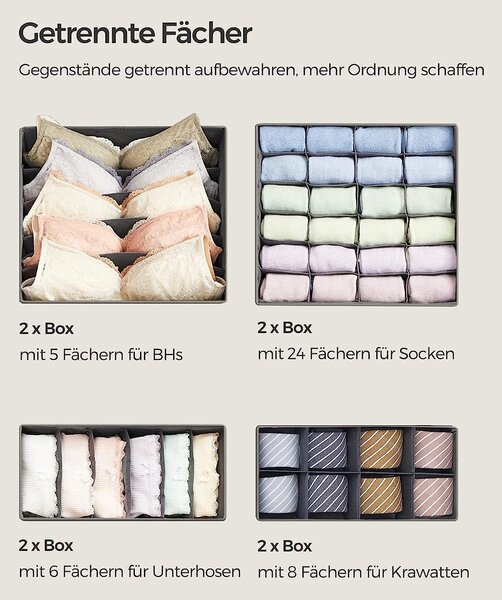 Set od 8 organizatora ladica, sklopive kutije od tkanine različitih dimenzija, sive