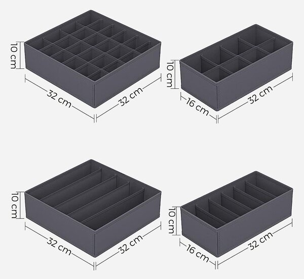 Set od 8 organizatora ladica, sklopive kutije od tkanine različitih dimenzija, sive