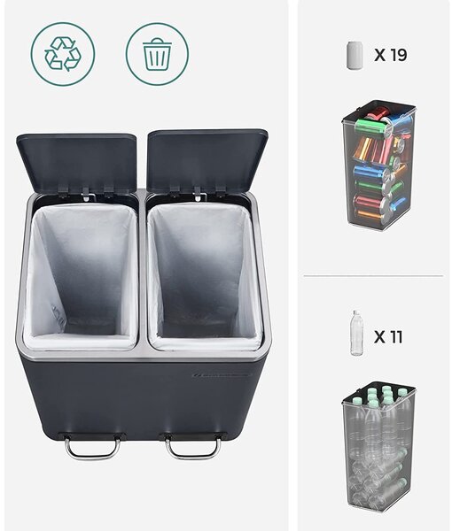 Metalna kanta za smeće 30 litara, 2 kontejnera za otpad od 15 litara, siva