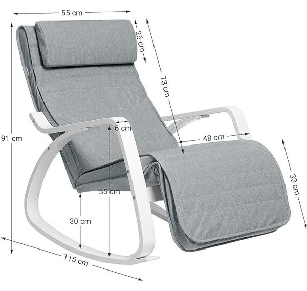 Stolica za ljuljanje nosivosti 150kg, podesiva fotelja, 67x115x91 cm, svijetlosiva | SONGMICS