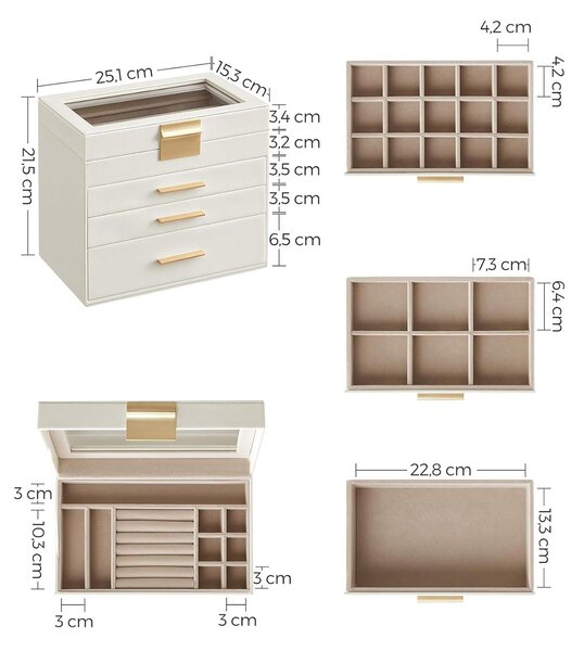 Kutija za nakit sa staklenim poklopcem i 3 ladice, 15x25x21,5cm, bijelo-zlatna