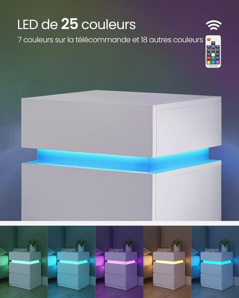 Noćni ormarić s LED rasvjetom i 3 ladice, 35 x 40 x 55 cm, bijele boje | VASAGLE