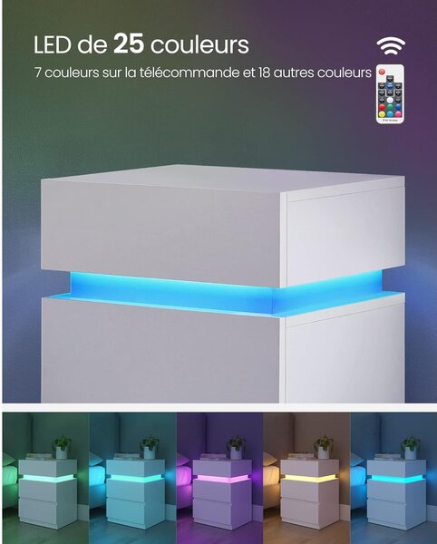 Noćni ormarić s LED rasvjetom i 3 ladice, 35 x 40 x 55 cm, bijele boje | VASAGLE