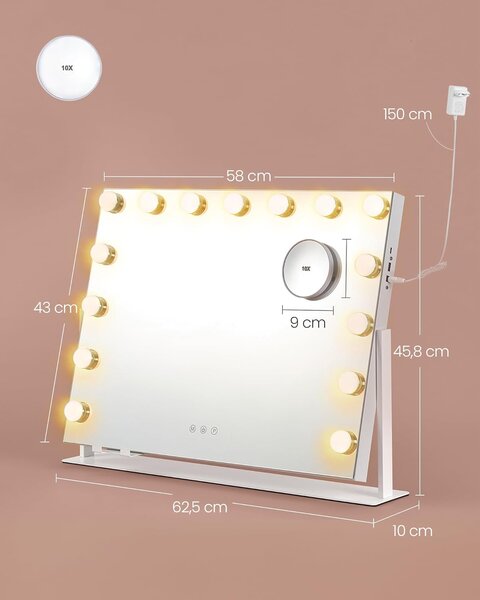 SONGMICS ogledalo za šminkanje s rasvjetom, 58 x 43 cm, 15 LED žarulja, mat bijelo
