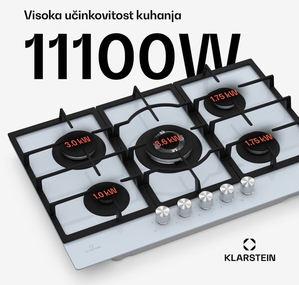 Klarstein Ignito 5-zonska plinska ploča za kuhanje, 5 plamenika, elektr. paljenje, Wok, na tekući ili prirodni plin