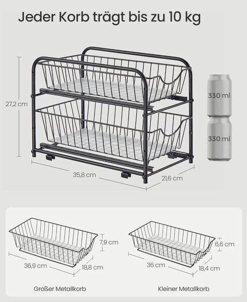 Kuhinjski organizator na 2 etaže, 21 x 36,5 x 27,3 cm, crne boje | SONGMICS