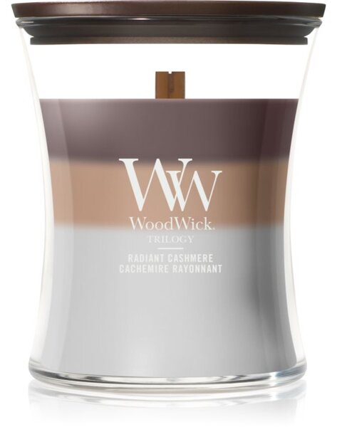Woodwick Trilogy Radiant Cashmere mirisna svijeća s drvenim fitiljem 275 g