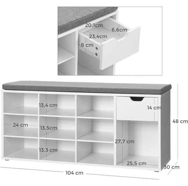 Klupa s policama za cipele, 104 x 30 x 48 cm, bijelo-siva | VASAGLE