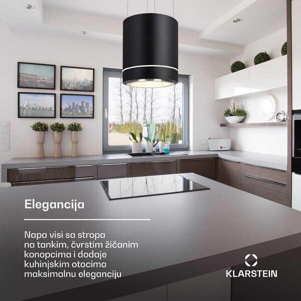 Klarstein Tron Ambience otočna kuhinjska napa, Ø 38 cm, recirkulacija 521 m³/h, LED, crna