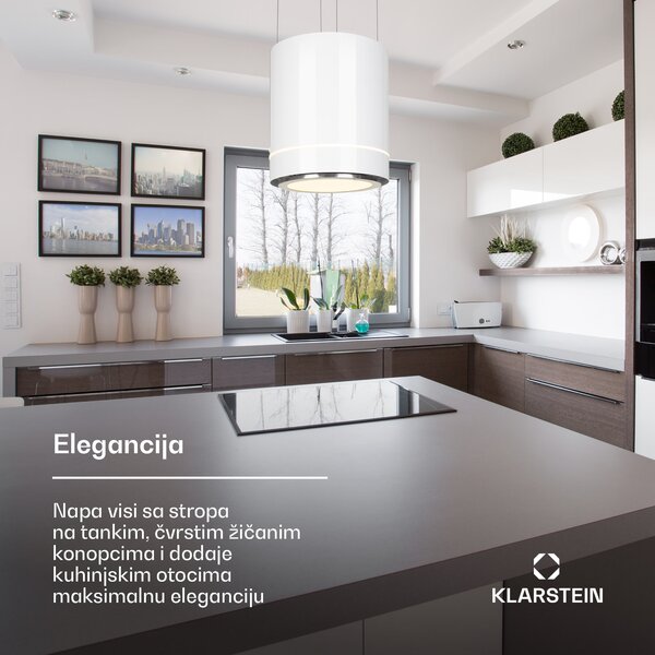 Klarstein Tron Ambience, otočna kuhinjska napa, Ø 38 cm, recirkulacija 521 m³/h, LED, bijela