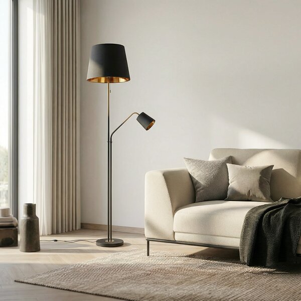 Lindby podna lampa Efalia, crna/zlatna, tekstil, svjetlo za čitanje, Crno, Dnevni boravak/blagovaonica, Metal