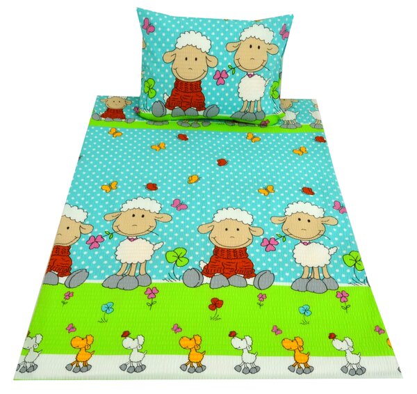 Krepovska posteljina za kinderbet OVČICE plava Dimenzije posteljine: 45 x 65 cm | 90 x 135 cm