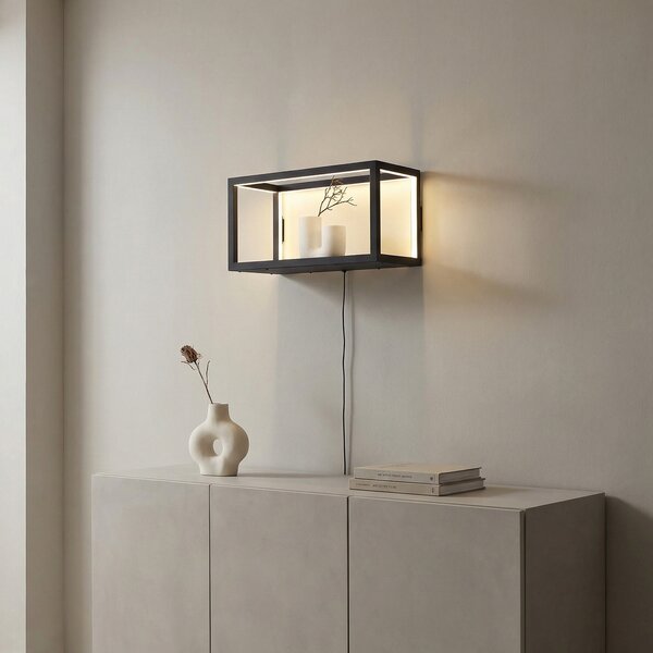 Lindby LED zidna svjetiljka Birta, utikač, polica, 51 cm, USB, prigušiva, Crno, Dnevni boravak/blagovaonica, Metal