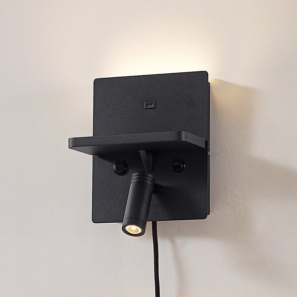 Lindby LED zidna lampa Auden, crna, utikač, stanica za punjenje, Crno, Dnevni boravak/blagovaonica, Metal