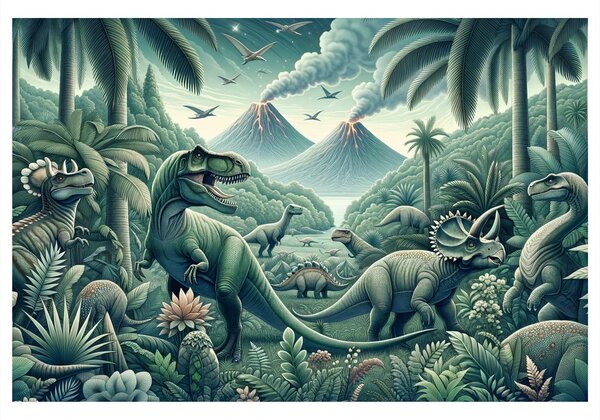 Slika dinosauri u prašumi s vulkanima