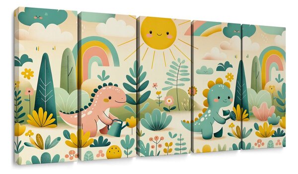 5-dijelna slika veseli dinosauri u krajoliku s duginim bojama