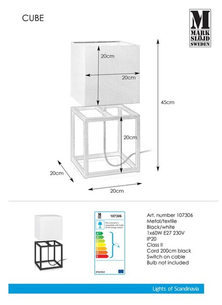 Crno-bijela stolna lampa Markslöjd Cube, 20 x 20 cm