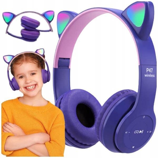 Ljubičasta LED bežična bluetooth slušalica s mačjim ušima + mikrofon