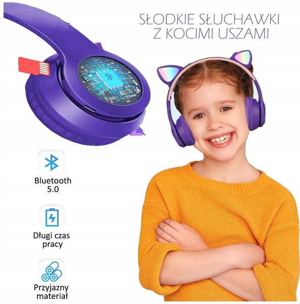 Ljubičasta LED bežična bluetooth slušalica s mačjim ušima + mikrofon