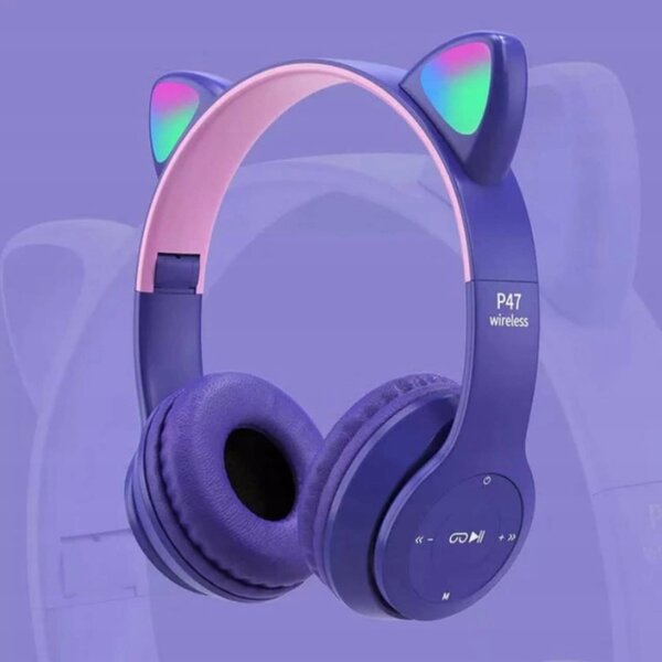 Ljubičasta LED bežična bluetooth slušalica s mačjim ušima + mikrofon