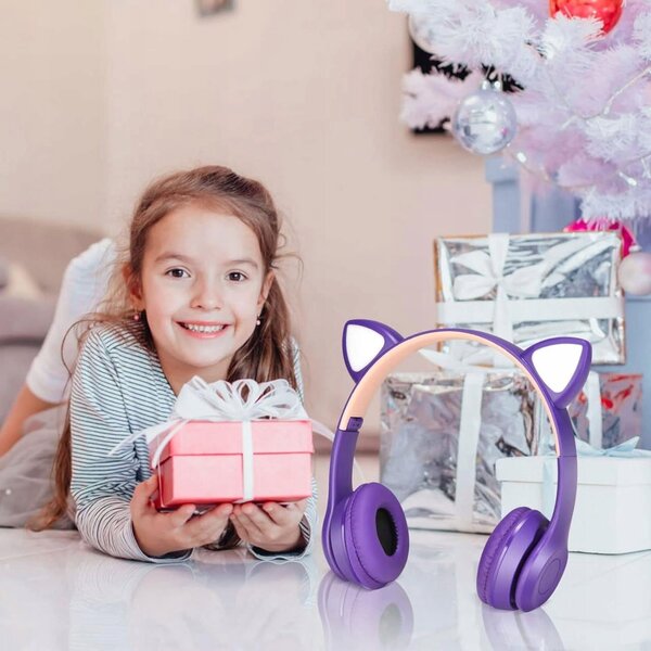 Ljubičasta LED bežična bluetooth slušalica s mačjim ušima + mikrofon