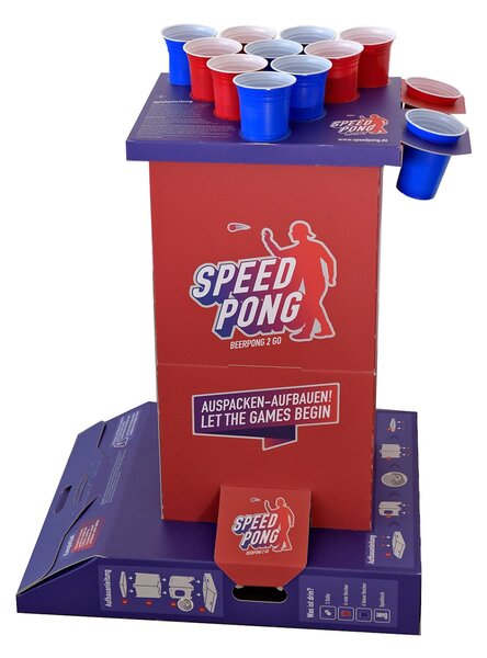 BeerCup Bounce, speedpong stupac, kompaktni karton, 6 plavih i crvenih čaša, uključujući 2 loptice