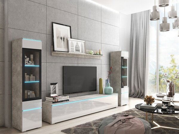 Set za dnevni boravak Selwyn II (beton + bijeli sjaj) (bijela led rasvjeta)
