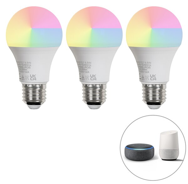 Set od 3 pametnih LED žarulja E27 A60 mat RGBW 8,5W 806lm 2700K