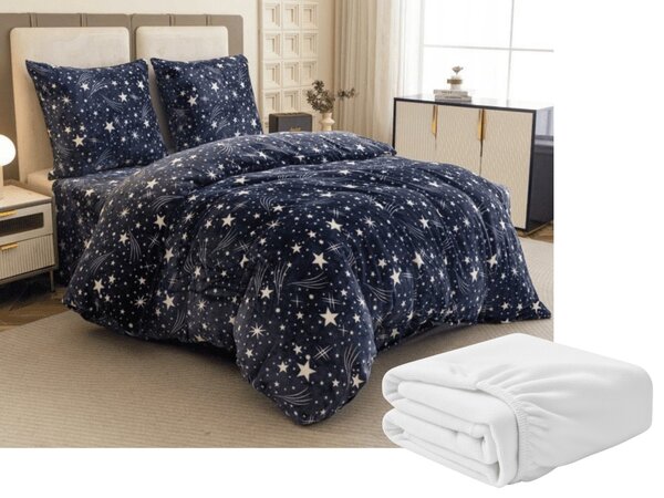 Set posteljine mikropliš STARLIGHT tamnoplavo + plahta od mikroplyša SOFT 90x200 cm bijela, za jedan krevet