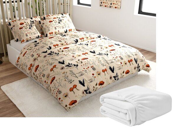 Set posteljine od mikropliša PAPAVA krem + plahta od mikropliša SOFT 180x200 cm bijela, bračni krevet