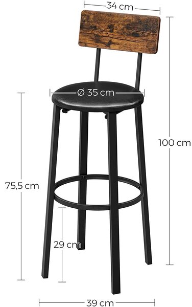 Set od 2 barske stolice s naslonom za noge, 39 x 100 x 39 cm, smeđa i crna