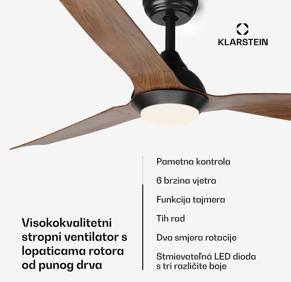 Klarstein Fiji Flow 2 u 1 Smart, stropni ventilator, Ø 132 cm, prigušivo LED svjetlo, daljinski upravljač, upravljanje putem aplikacije, 2 smjera strujanja zraka