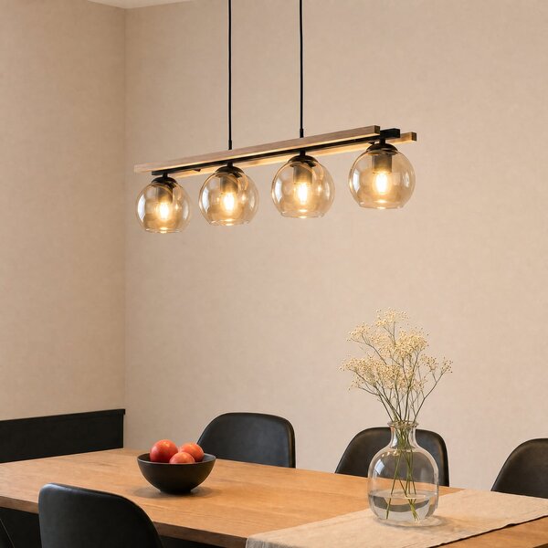 Lindby viseća lampa Enrique, jantar, 4 žarulje, staklo, drvo, E27, prigušiva, Drvo, Dnevni boravak/blagovaonica, Staklo