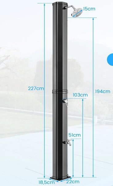 Solarni tuš 60 litarski vrtni tuš, dim. 227 cm do 60°C bazenski tuš s rotirajućom glavom za tuširanje - sivo/crni