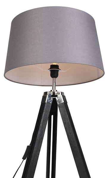 Podna lampa tronožac crna s abažurom 45 cm tamnosiva lanena
