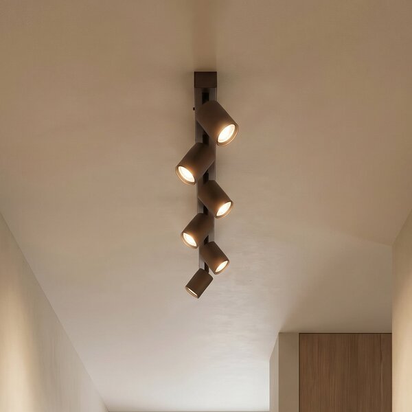 TK Lighting Gornja stropna točka, podesiva, smeđa, linearna sa šest žarulja, prigušiva, Smeđa / hrđa, Dnevni boravak/blagovaonica, Metal, Strop s više plamena
