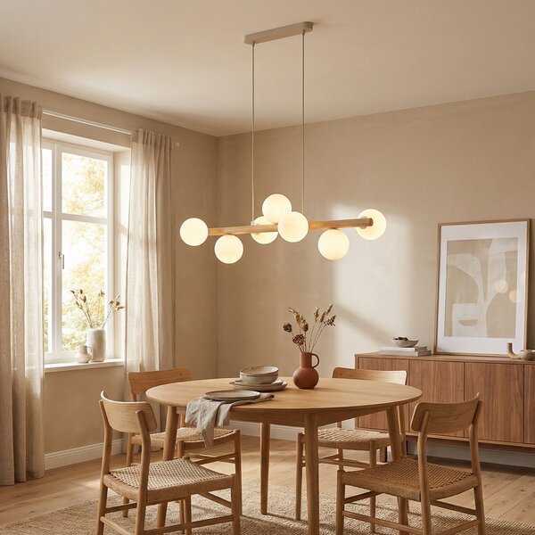 TK Lighting Viseća lampa Estera, opalno staklo, drvo, sedam žarulja, prigušiva, Drvo, Dnevni boravak/blagovaonica, Staklo, Metak