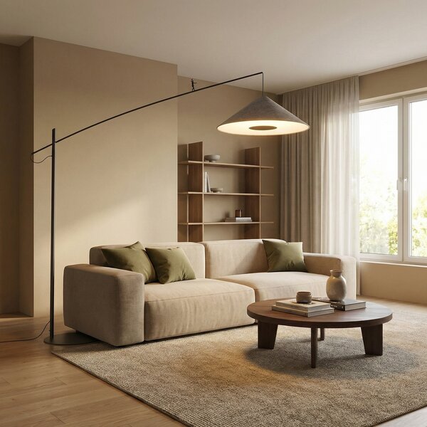 Nowodvorski Lighting Lučna svjetiljka Poise, umbra siva, čelik, tekstil, projekcija 260 cm, Sivo, Dnevni boravak/blagovaonica, Metal, Stalak kišobran