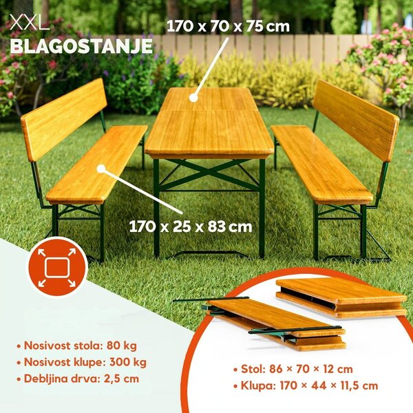 Pivski set PRAKTIK s naslonima, 170 cm, smeđi Jurhan