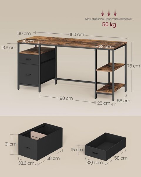 Radna stolica s policama i ladicama, 3 police, 2 ladice, dimenzije 60 x 160 x 76 cm, rustikalna smeđa